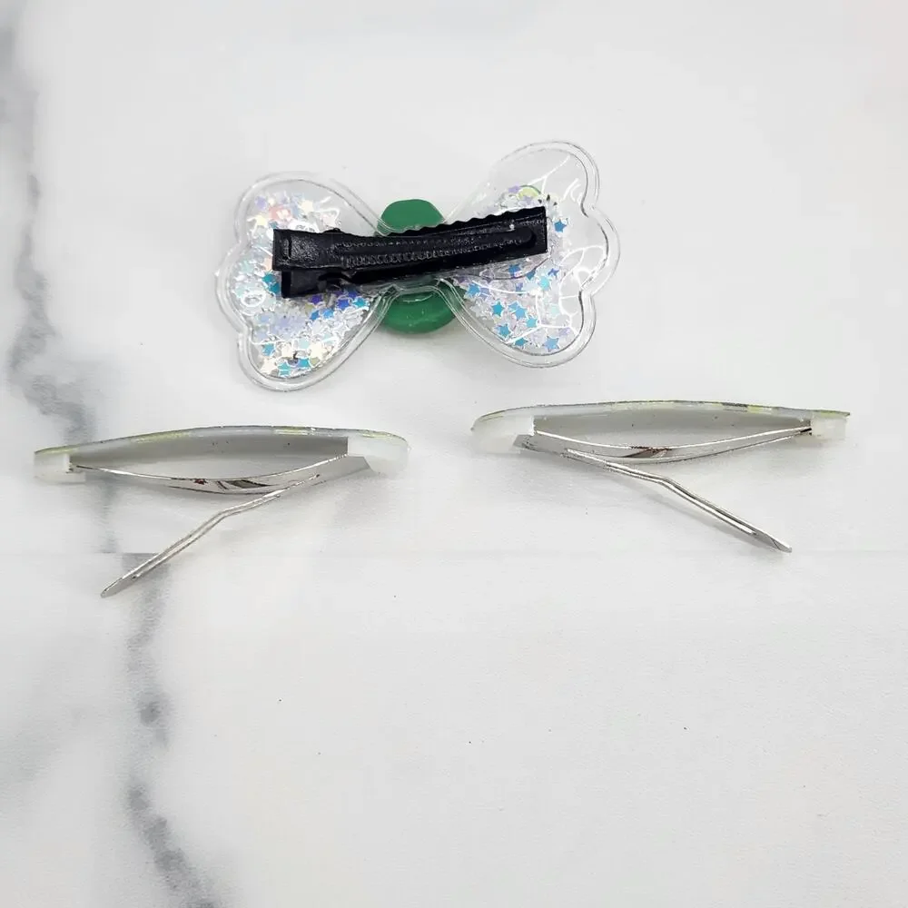 3 pc Avocado Theme Hair Accessories Glittery Bow with Avocado Charm & Snap Clips